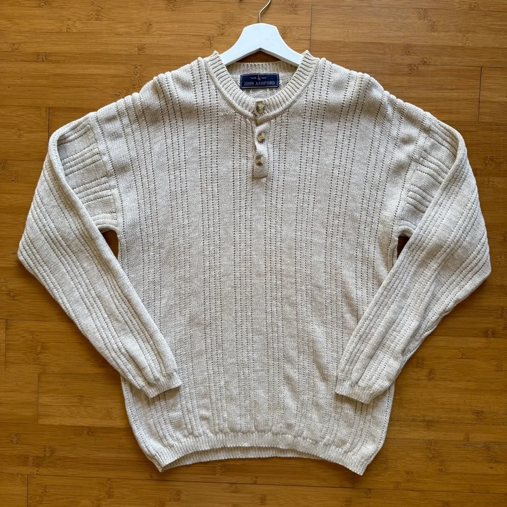 John Ashford Men's‎ Henley Sweater Chunky Cream Casual Light Fall Size M